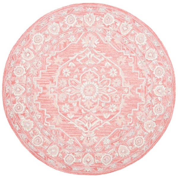 SAFAVIEH Micro-Loop Pink/Ivory Doormat 3 ft. x 3 ft. Floral Border Round Area Rug