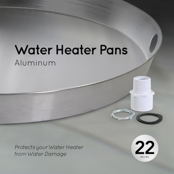 22 in. Aluminum Water Heater Pan with PVC Drain Connection (Case of 10) 22 in. Aluminum Water Heater Pan with PVC Drain Connection (Case of 10)