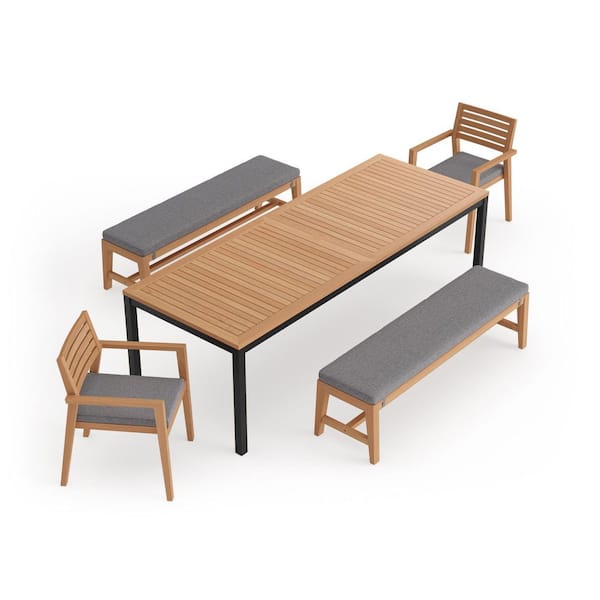 NewAge Products Rhodes 5 Piece Teak Outdoor Patio Dining Set in Cast Slate Cushions with 96 in. Table & Bench