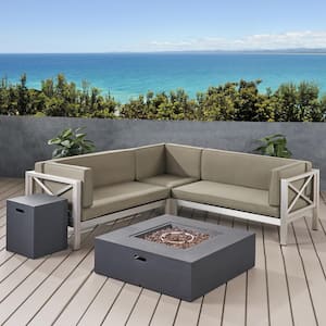 La Vista Silver 5-Piece Aluminum Patio FIre Pit Sectional Seating Set with Khaki Cushions