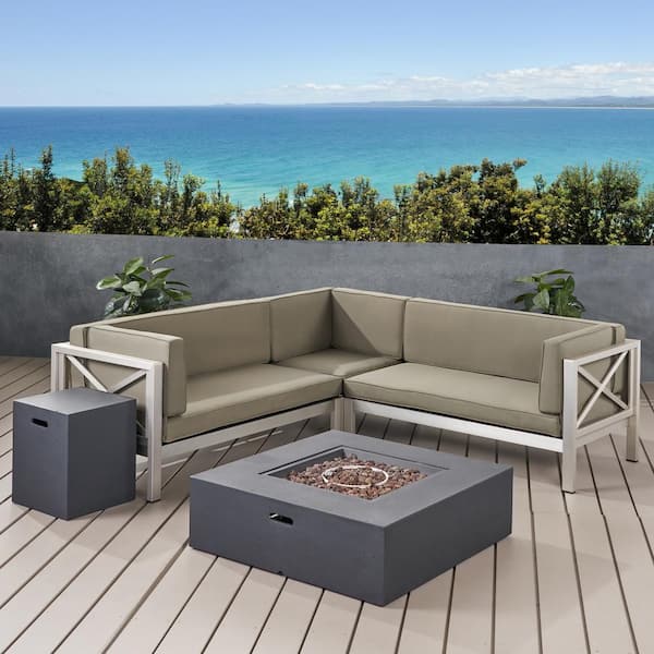 Noble House La Vista Silver 5-Piece Aluminum Outdoor Patio Fire Pit Sectional Seating Set with Khaki Cushions