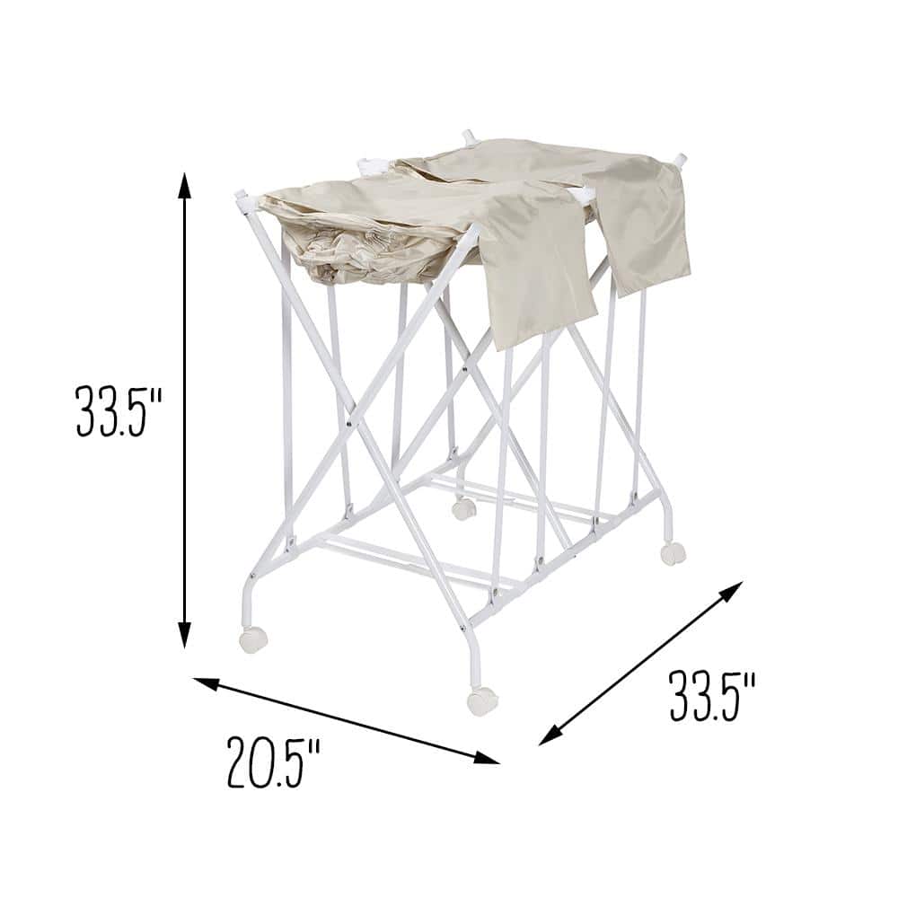 White and Natural Collapsible Double Laundry Hamper with Wheels