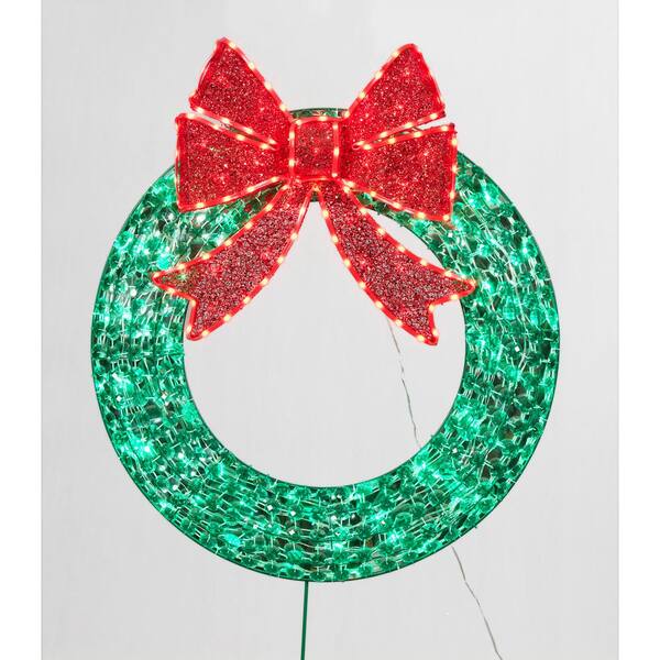 36 twinkling green led wreath sculpture with red bow