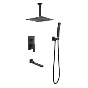 Ceiling Mount Single Handle 3-Spray 16 in. Tub and Shower Faucet with Hand Shower in Matte Black (Valve Included)