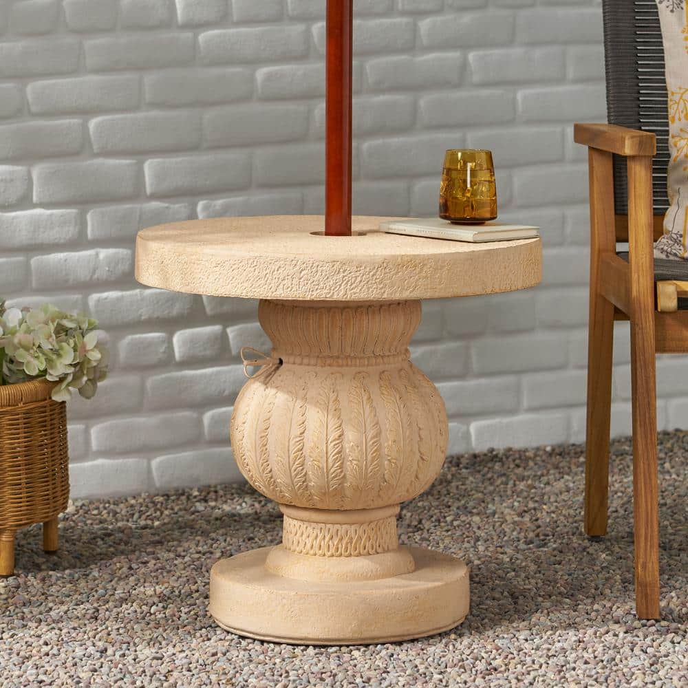 Noble House Zaragoza Beige Round Stone Outdoor Side Table 83850 The