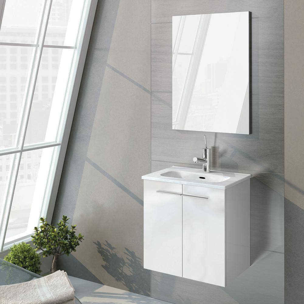 Gloss White Ceramic Wall-Mount Vanity with Mirror