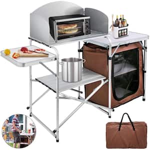 Camp Kitchen Table 2-Tier Kitchen with Zippered Bag Portable Folding Cook Table for BBQ, Party and Camping, Brown