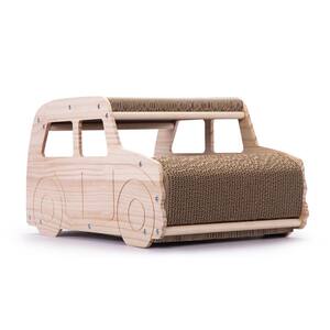 2-in-1 Car-Shaped Wood Cat Scratching Bed Lounge Training Pad Furniture Cover