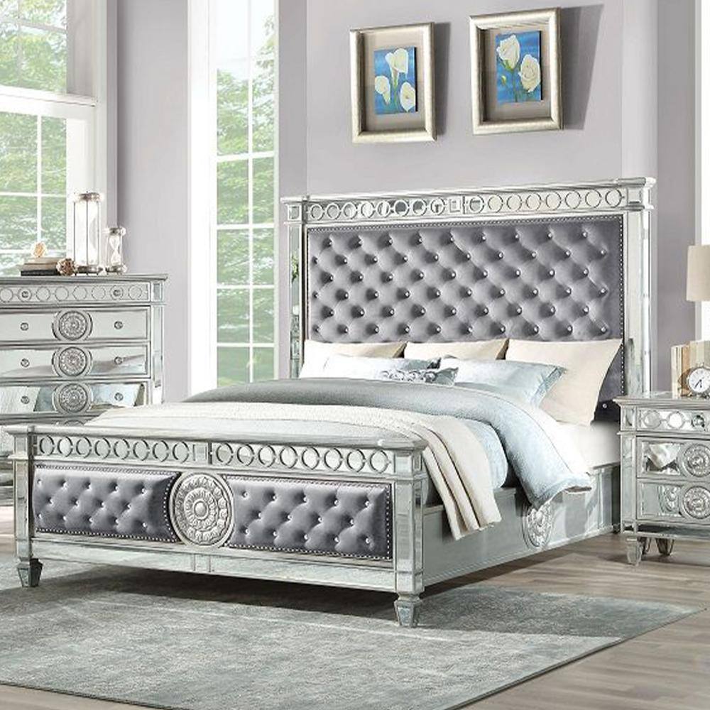 Varian Gray Velvet Upholstered Queen Bed with Mirrored Accents