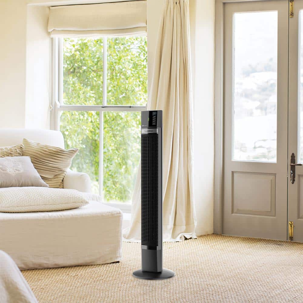 48-Inch Black Plastic Oscillating Tower Fan with Remote