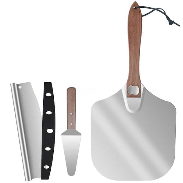 Aluminum Pizza Peel w Foldable Handle, Pizza Cutter Rocker & Server Set, 14x16" Metal Paddle for Pizza Oven