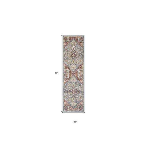 8' Blue and Red Floral Distressed Runner Rug
