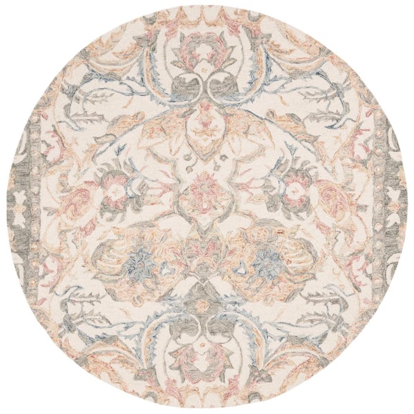 SAFAVIEH Micro-Loop Ivory/Blue 5 ft. x 5 ft. Round Floral Area Rug