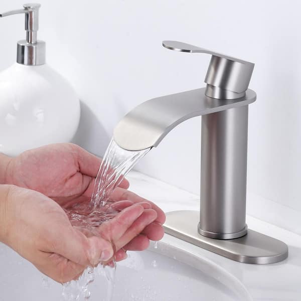 4 in. Centerset Single Handle High Arc Waterfall Bathroom Faucet with Pop Up Drain and Supply Lines in Brushed Nickel