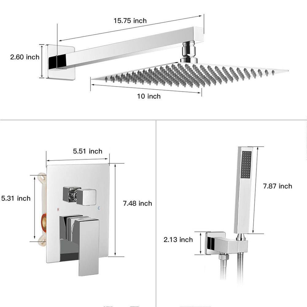 10 Inch Square Polished Chrome Rain Shower Combo Set