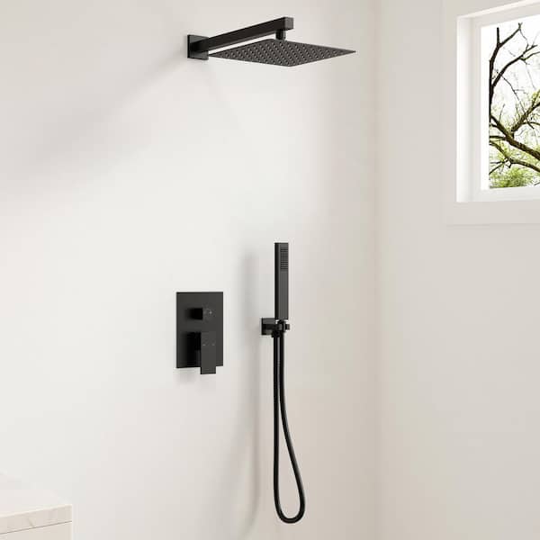 Pressure Balance Single Handle 2-Spray Wall Mount 10 in. Tub and Shower Faucet 2.5 GPM in. Matte Black Valve Included