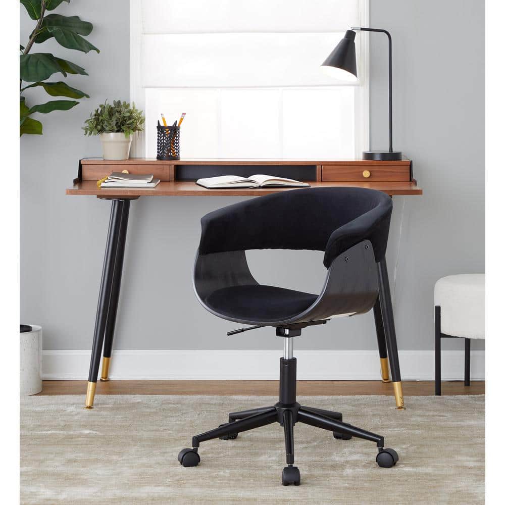 Lumisource Vintage Mod Velvet Adjustable Height Office Chair in Black Velvet, Black Wood and Black Metal with 5-Star Caster Base, Black Velvet/ Black Wood & Black Metal