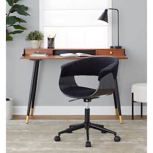 Vintage Mod Velvet Adjustable Height Office Chair in Black Velvet, Black Wood and Black Metal with 5-Star Caster Base