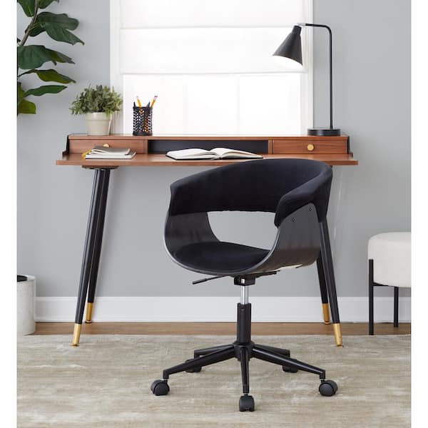 Lumisource Vintage Mod Velvet Adjustable Height Office Chair in Black Velvet, Black Wood and Black Metal with 5-Star Caster Base