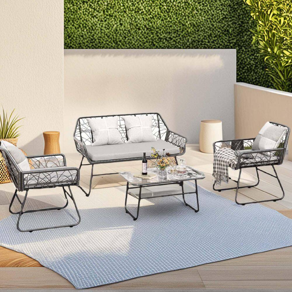 4-Piece Wicker Patio Conversation Set with Gray Cushions Outdoor Rattan Cha