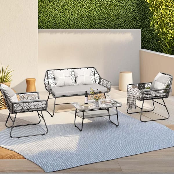 Unbranded 4-Piece Wicker Patio Conversation Set with Gray Cushions Outdoor Rattan Chair Wicker Sofa Garden Conversation Bistro Set