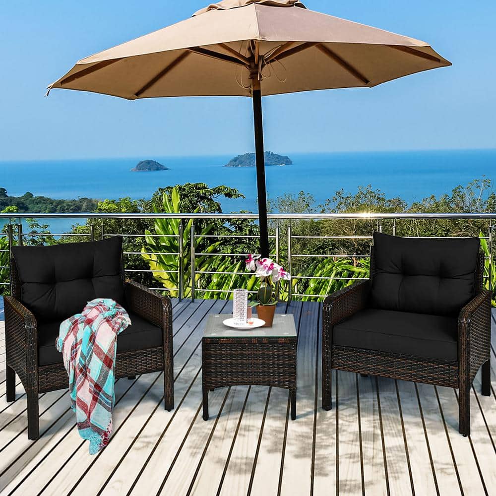 Black 3-Piece Rattan Outdoor Patio Conversation Set