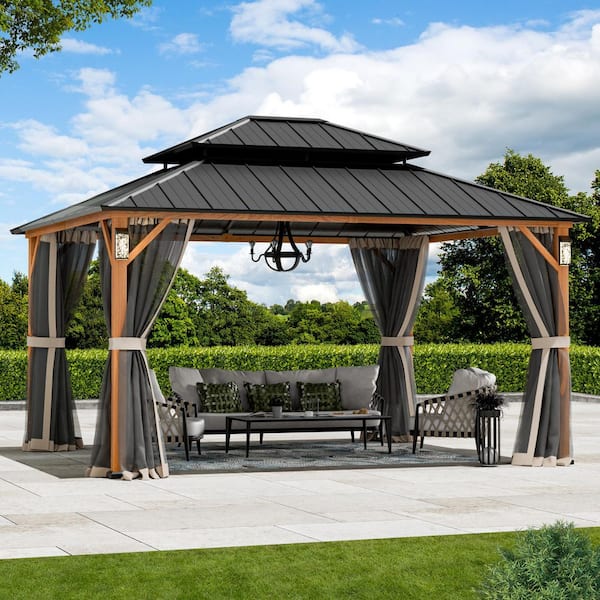 COVERED OUTDOOR OUTDOOR LIVING SPACES Ultra Series 10 ft. x 14 ft. Permanent Hardtop Gazebo With Solar LED Lights, Mosquito Nettings, Wood Looking