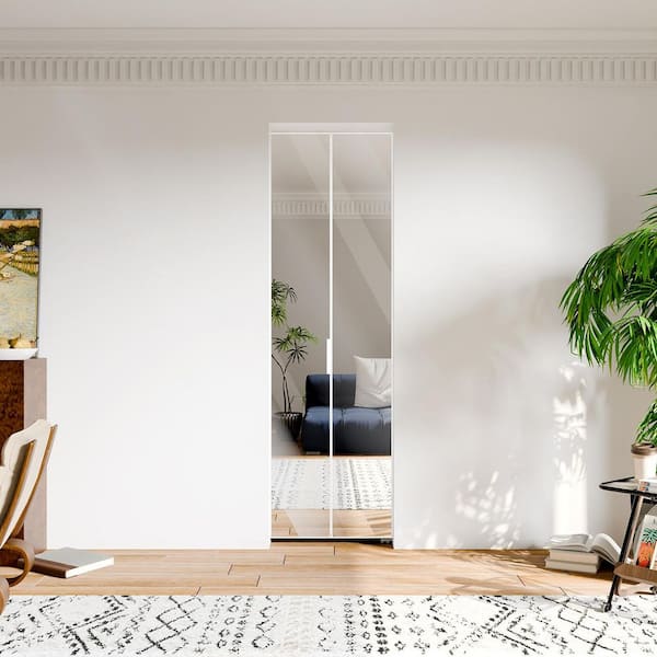 24 in. x 80 in. Mirrored Glass, Hollow Core, White, MDF, Aluminum Frame, Full Lite Bi-fold Doors with Hardware Kits