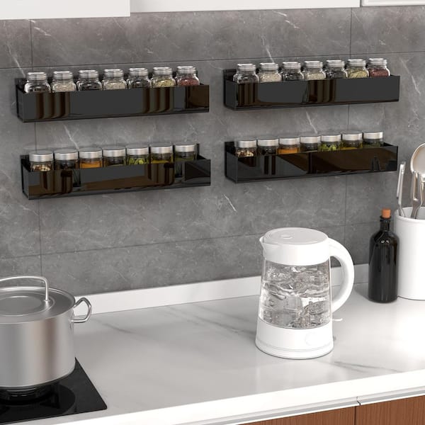 Adhesive Acrylic Spice Rack Organizer with 2 Nano Double Sided Tape for Kitchen Cabinet Door, Black (4-Pack)