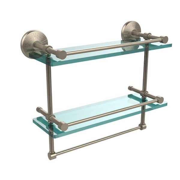 Allied Brass Monte Carlo 16 in. L x 12 in. H x 5 in. W 2-Tier Clear Glass Bathroom Shelf with Towel Bar in Antique Pewter