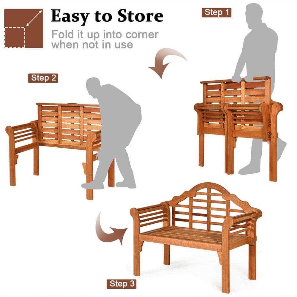 49" Eucalyptus Wood Outdoor Folding Bench with Backrest and Armrest