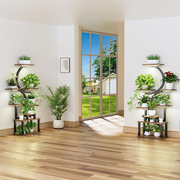 2 PCS 62 in. H Brown S-shaped MDF Indoor Plant Stand w/5 Grow Lights 8 Tiered Tall Plant Shelf 10-Level Stepless Dimming