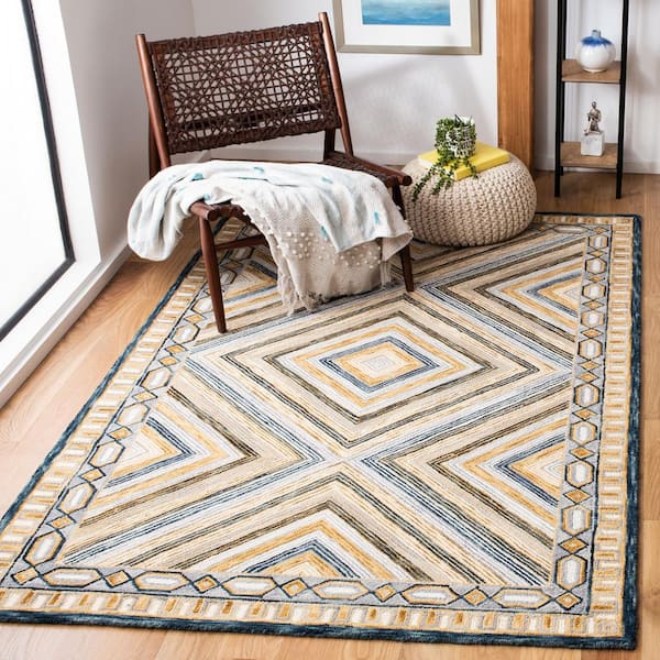 Aspen Navy/Gold 5 ft. x 5 ft. Square Border Diamond Area Rug