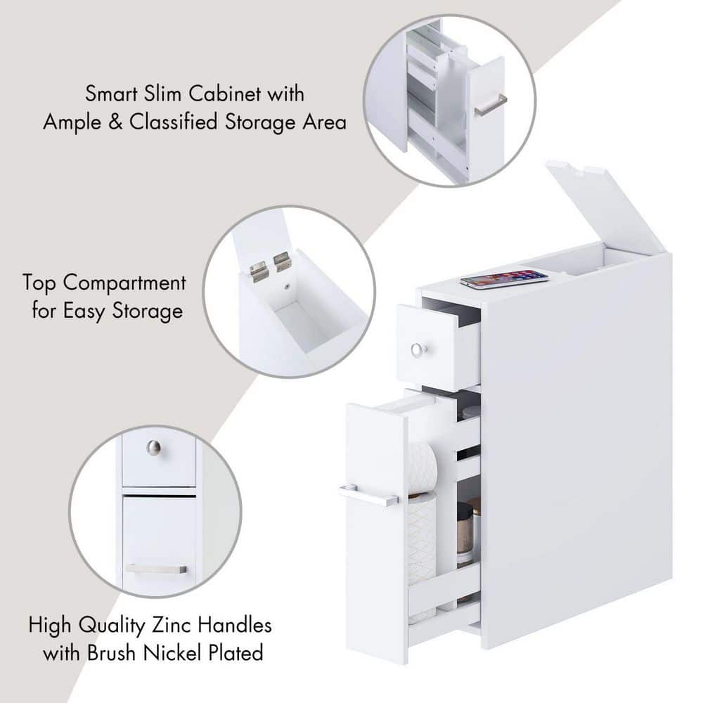 White Slim Bathroom Storage Cabinet with Slide Out Drawer