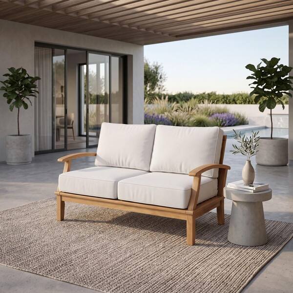 Pavilion Natural Teak Outdoor Loveseat with White Cushions 7676