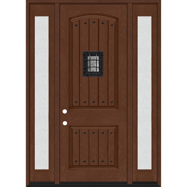 Steves & Sons Regency 64 in. x 96 in. 2P Plank Cavalier Speakeasy RHIS Chestnut Fiberglass Prehung Front Door w/Dbl 12in. Rain SL