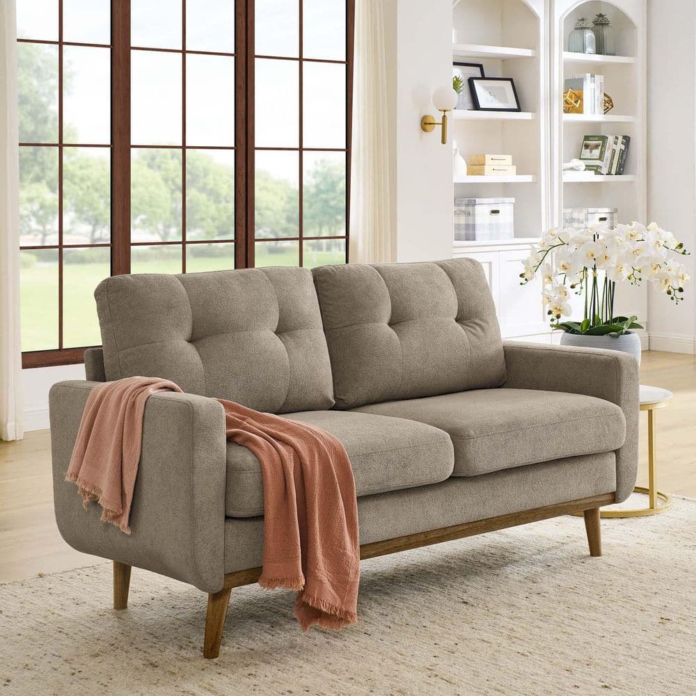 67.7 in. Wide Khaki Polyester Mid-Century Modern Tufted