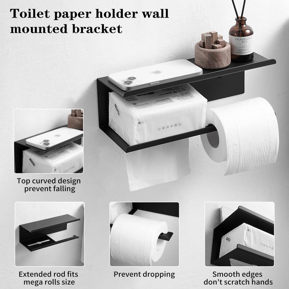 Matte Black Stainless Steel Wall Mounted Toilet Paper Holder with Shelf