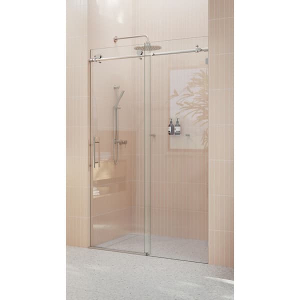 48 in. x 78 in. Frameless Sliding Shower Door in Brushed Nickel