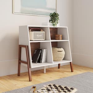 Telos Glossy White and Brown 4-Cube Organizer Storage Cabinet with Open Shelves and Angled Design