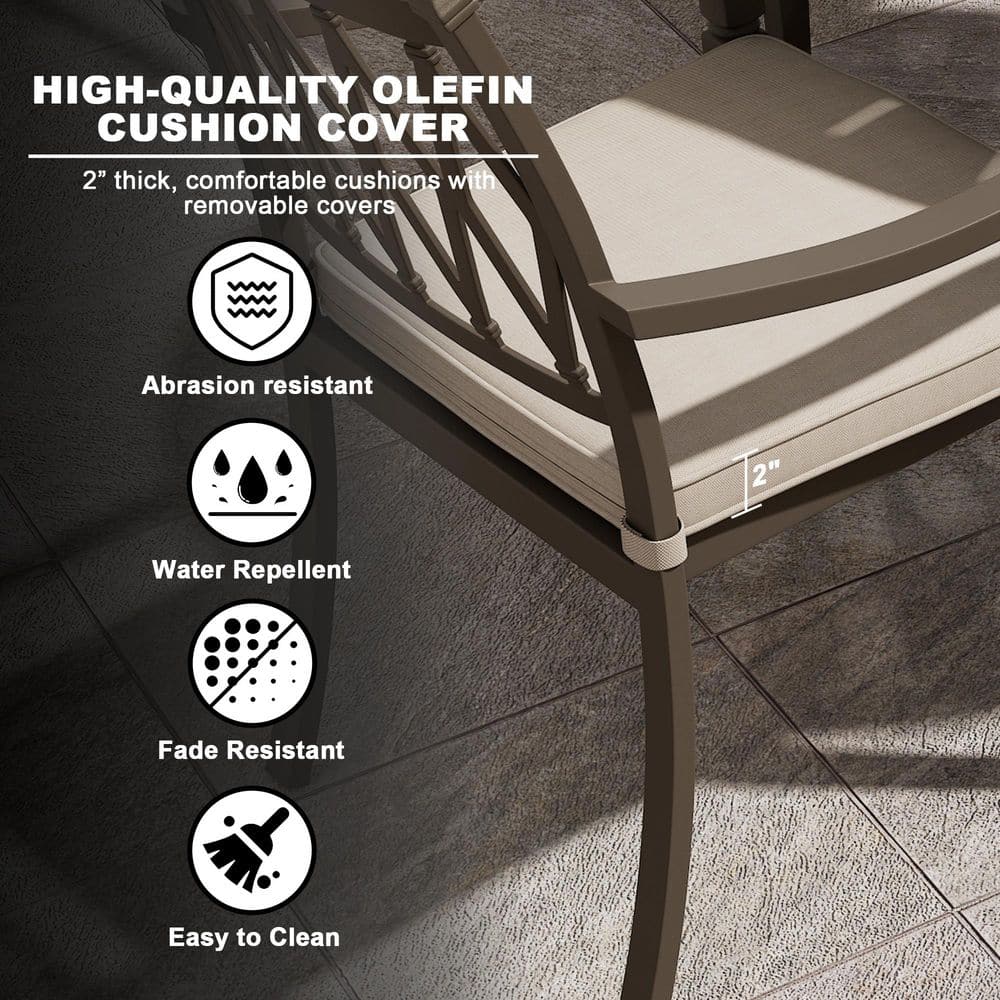 Beige Cushioned Cast Aluminum Outdoor Dining Chairs, Set of 4