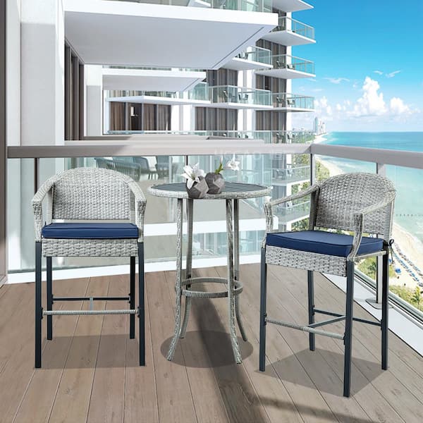 Cesicia 3Piece Wicker Round Table Outdoor Bistro Set with Blue