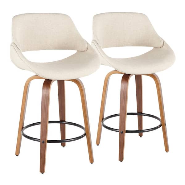Lumisource Fabrico 26 in. Walnut and Cream Fabric Counter Stool with Black Footrest (Set of 2)