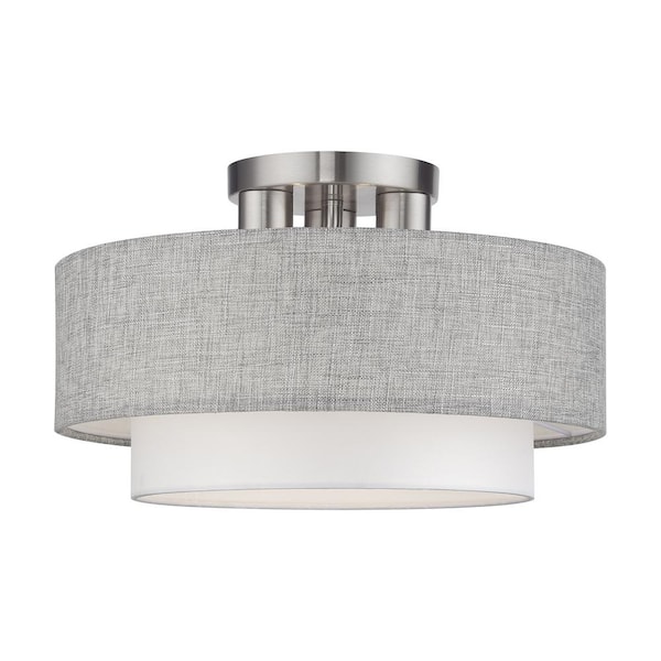 Livex Lighting Brookmeade 3-Light Brushed Nickel Semi Flush Mount with Urban Gray and White Color Fabric Shade