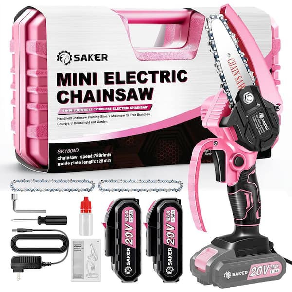 Saker Mini Chainsaw Portable Pink Mini Chainsaw Cordless 2PCS 20VBatteries 3 PCS Chains Pink GJ15990 C009 X32253 The Home Depot