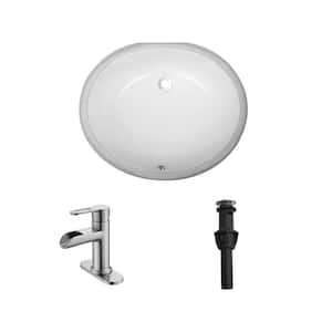 19 in . Undermount Oval Bathroom Sink with Overflow Drain in White with Single Handle Waterfall Faucet in Brushed Finish