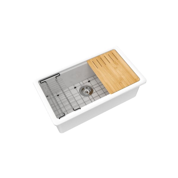 33 in. Undermount Single Bowl White Glossy Fireclay Kitchen Sink and 5-Piece Accessories Set Included