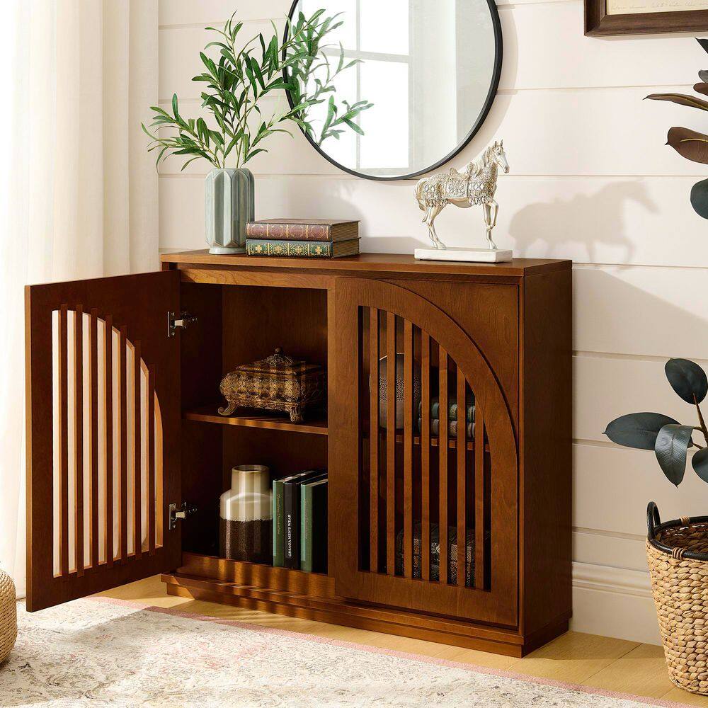 Walnut MDF Buffet with Outlet Holes and Openwork Doors Sideboard Cabinet Storage Cabinet