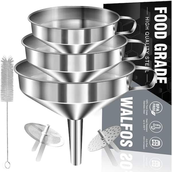 3 Pack Stainless Steel Funnel,  Kitchen Funnel, 2 Removable Strainer, 1 Cleaning Brush, Liquid Transfer, Oils, Jam