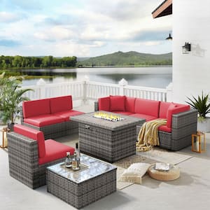 Brown 8-Pcs Wicker Patio Fire Pit Sectional Seating Set with Red Cushions 44 in. Fire Pit Coffee Table and Cover
